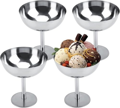 FARYODI 4 delar isskål, hög dessertskål med söt, glassbägare rostfritt stål vintage, 10 cm 200 ml rostfritt stål dessertskål, lämplig för bröllop och fester