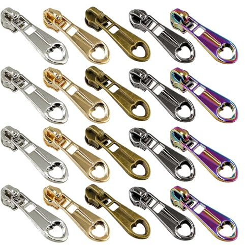 SHRJ 20Pcs Heart-Shaped Zipper Sliders Zinc Alloy #5 Zippers Sliders 5 Colors Zipper Accessory Replacement Zippers Pulls Repair Kit for Clothes Handbag Making Craft Sewing DIY Luggage Bags