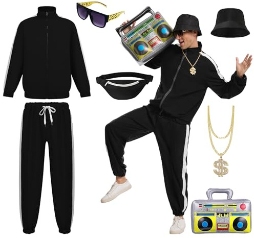 JDFAIJEAL Ensemble de costume Hiphop pour homme - Survêtement avec chapeau, lunettes, collier dollar doré, sac banane et ballon Boombox - Tenue hip-hop pour fête, Halloween, cosplay