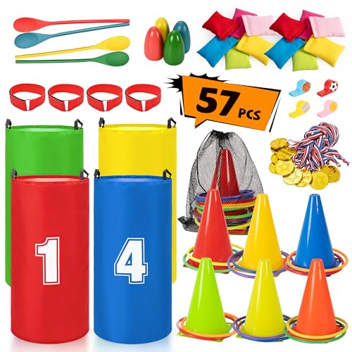 ropoda 57PCS Field Day Games, Outdoor Carnival Games Potato Sack Race Bags for Adults and Kids, Bean Bags, Soft Plastic Cones,Ring Toss Set,Egg and Spoon Race, Outdoor Games Easter