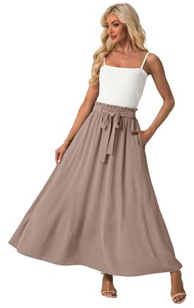 QIXING Women’s High Waist Flowy Long Maxi Skirt Boho Elastic Tie Waist with Pockets Summer Casual A-Line(Coffee Gray, M)
