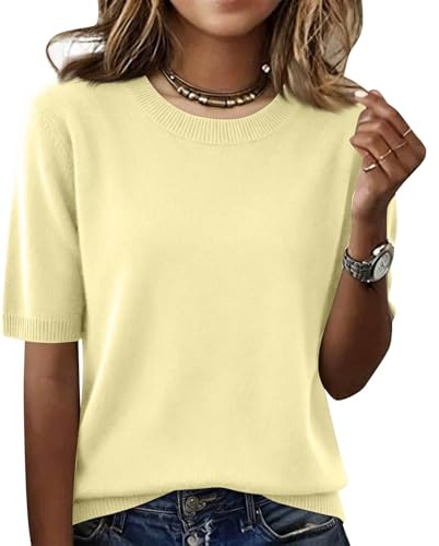 Generisch Sommer Pullover Damen—Damen Kurzarm Pullover Frühling 2026 Mode Rundhalsausschnitt Strickshirt Elegant Leicht Kurzarm Pullover Frühling Sommer Gelb M 103