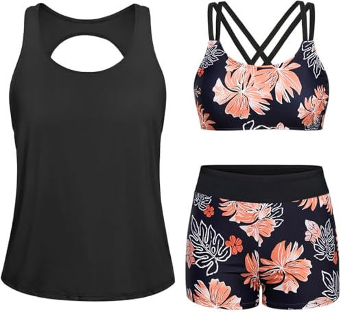 Yonique 3 Piece Tankini Swimsuits for Women Bathing Suits with Boy Shorts and Swim Tank Top Bra Modest Swimwear Black and Orange XL