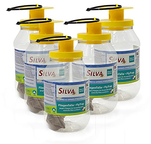 SILVA® 5 Stk. Fliegenfalle Lockstoff Fliegen Behälter [NATÜRLICHER WIRKSTOFF] Fliegen Eimer Außenbereich Monitoring - Fliegenfalle Stall Koppel Garten Außen - Biologischer Fliegenfänger - Mehrweg