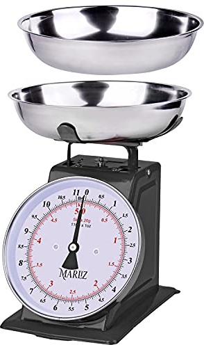 MARLIZ Kitchen Scale 11Lb/5Kg with 2 Bowls |Mechanical dial Scale| Vintage Kitchen Scale| Pesa para alimentos| bascula de cocina|Black |Bakers Scale