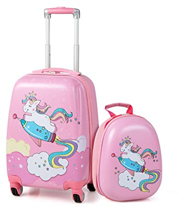 GYMAX 2Pc Kid Carry On Luggage Set, 12 & 18 Kids Suitcase with 4 Spinner Wheels, Travel Rolling Trolley (Rainbow Pony)