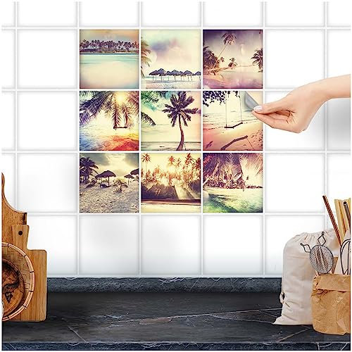 FoLIESEN Fliesenaufkleber für Bad, Küche, Badezimmer - Fliesen-Folie selbstklebend - Maritime Deko-Aufkleber - Beach-Collage, .:15x15 cm - 9-tlg.