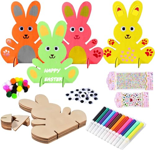Coniglietti in Legno da Dipingere, Coniglietti Pasquali Bambini in Legno, Coniglietto in Legno Fai da Te con Pompon Colorati e Occhi Adesivi, per Decorazioni Pasquali