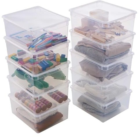 Sundis Clear Box, 10 cajas de almacenamiento 18L de plástico transparente, con tapa, superponibles y apilables, ideales para guardar ropa