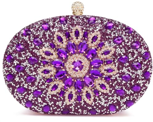 Beaguful Women's Evening Bags Sparkly Rhinestone Clutch Purses Luxury Handbags Oval Dark Purple