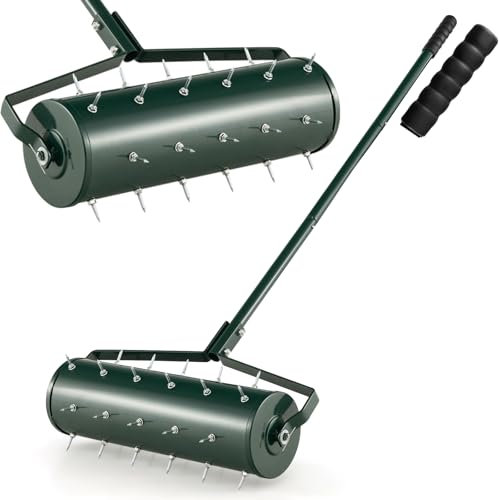 RELAX4LIFE Scarificateur Gazon Manuel 53CM avec Poignée &Rouleau à Pointes Rotatives, Rouleau Aérateur Gazon de Pelouse en Métal pour Jardin Cour Patio (6.8L | 53x130CM, Vert)