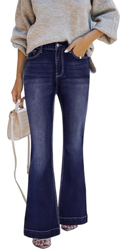 STARBILD Flared Fit Jeans con Tasche Bootcut Donna, High Rise Pantaloni Vita Alta Leggings a Zampa, Tasca con Patta - Blu Scuro XL