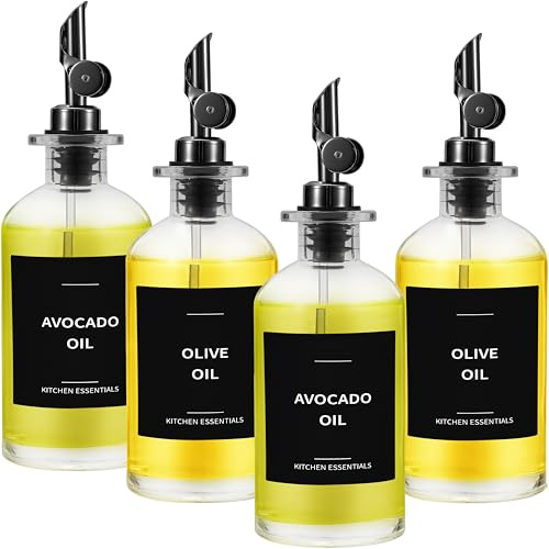 Spaceneat Olive Oil Dispenser Bottle - Includes 55 Kitchen Essential Labels - Cooking Oil Bottles for Kitchen, Coffee Syrup Dispenser - Pourer Spout with 11.8 fl oz Glass Container Cruet - 4pcs, Black