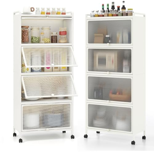 GIANTEX Armario de Cocina de Metal con 4 Compartimentos, 60 x 32 x 154 cm, 4 Puertas Abatibles de PC, Armario de Almacenamiento con 4 Ruedas con Kit Antivuelco, para Cocina, Comedor (Blanco)