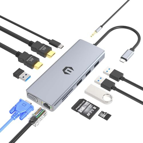 usb C-hubb trippeldisplay typ C-hubb med Ethernet, 4K USB C till 2 HDMI, VGA, 2 USB3.0, USB2.0, 92W PD för Mac Pro och andra typ-C-bärbara datorer