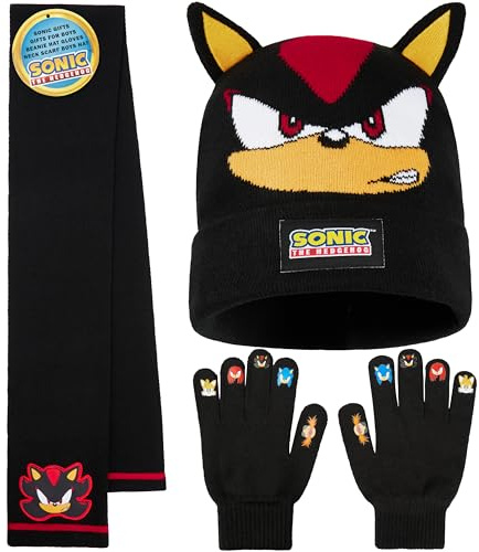 Get Trend SONIC THE HEDGEHOG Ensemble Bonnet Echarpe Gant Garçon, 3 Pièces, Maille Douce, Cosy Accessoires Hiver, idee Cadeau Gamer (Noir Shadow 3 Pcs)