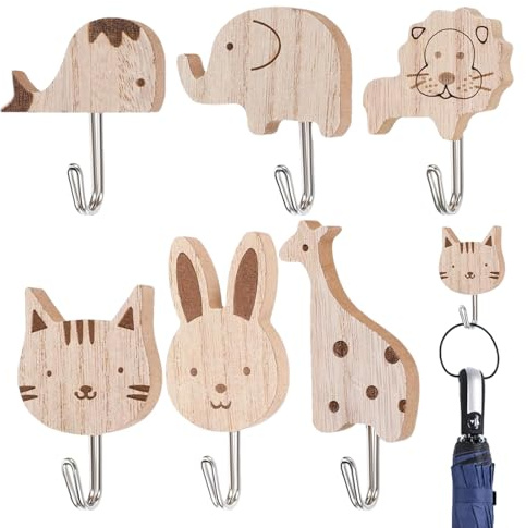 Crochets muraux mignons, 6 crochets pour serviettes en forme d'animal, crochets de vêtements adhésifs, design de dessin animé coloré, installation sans glissement, idéal pour la chambre d' , la
