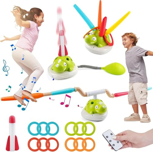 Lyoveu 3 en 1 Fuera Juguetes Niños, Salto Musical, Toss Ring Game Toys, Cohete Juguete Lanzador para Niños, Deportes y Juguetes al Aire Libre para Las Edades 3 4 5 6 7 8 9 10 11 Juegos-1 Set