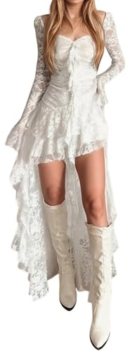 Duohropke Abito in pizzo da donna per feste lungo vestito design irregolare vita alta abito tinta unita abiti eleganti abito casual a maniche lunghe con scollo quadrato abito estivo, bianco, M
