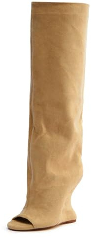 Yishaweiqi Camel Suede Knee High Boots for Women Peep Toe Wedge Boots Pull On Open Toe Summer Boots