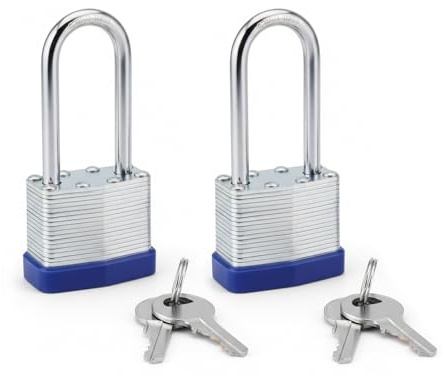 2 candados de metal con llave universal, candado de seguridad con arco largo – Una llave para todos los candados – para armario, garaje, cerca y puerta de jardín
