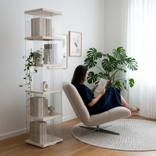 GreenWhim Rotating Bookshelf 360° Tower Bookcase Square 5 Tier Modular Book Shelf Space Saving Corner Bookcase for Small Spaces, Living Room, Bedroom, Kids Room, Home Office