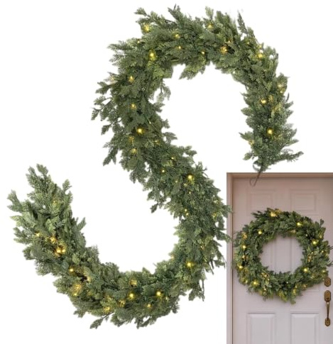 Artificiell cederträ Holiday Decor Prelit julgirland LED trappräcke | Prelit julgirland funktioner LED Realistisk Pine Ceder lövverk inomhus utomhus Mantel Träd trappdekoration