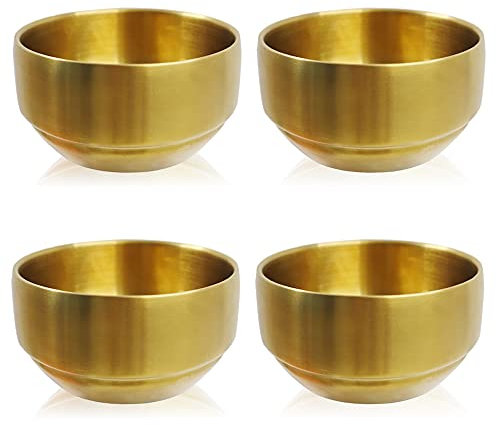 Roucerlin 4 Stück Dicke 304 Edelstahl Doppelwandige Salatschüssel Obstschale Müsli Nudelschalen (Gold, 10,5 cm)