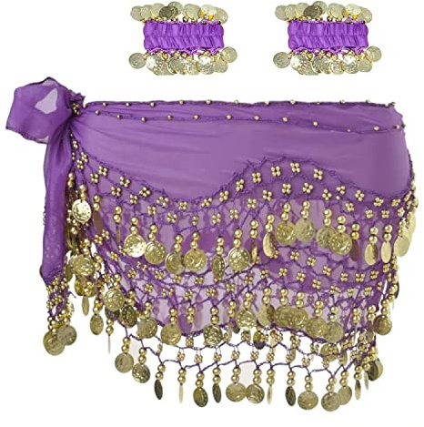 SamHeng Bauchtanz Hüfttuch Mit Armbändern, Chiffon Schal Wickeln Gürtelflügelrock Mit Goldenen Münzen für Performance Kostüm Yoga Klasse