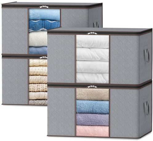 Lifewit 105L Aufbewahrungstasche, Groß Aufbewahrungsbox mit Deckel Kleiderschrank Organizer mit Umzugskartons Verstärkt Griff für Kleider Kleidung Bettdecken Bettzeug, 4 Stück, Hellgrau