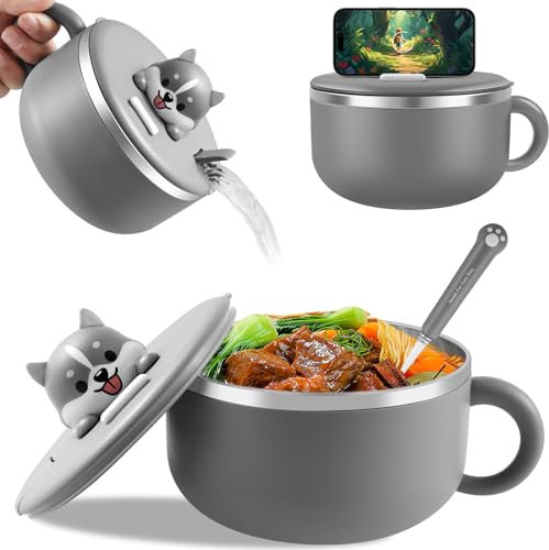 Bol à nouilles instantanées en acier inoxydable - 1200 ml - Bol à ramen instantané avec couvercle et fourchette - Sceau d'isolation thermique pour soupe, pâtes, boulettes, salades - Gris