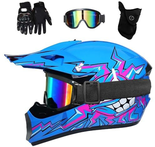 Youth Kids ATV Motocross Helmet Set, with Goggles Gloves Mask, Adult Full Face Off Road MTB Motorbike Helmet, BMX Enduro Downhill Quad Dirt Bike Crash Helmet, D.O.T Certified ( Color : Blue , Size : M