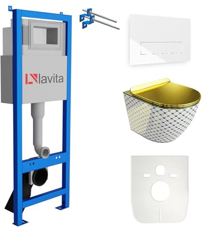 Lavita LAV 101 - Elemento da parete per WC 40 cm + parete sospesa per WC SOFI SLIM CHECKED GOLD senza bordi + pannello di controllo LAV 200.3.1 bianco, set completo | cassetta di risciacquo da incasso