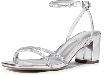 DREAM PAIRS Sandales à talons bas pour femme - Bout ouvert - Sangle de cheville - Confortables - Pour fête de mariage, Strass argentés, 38.5 EU