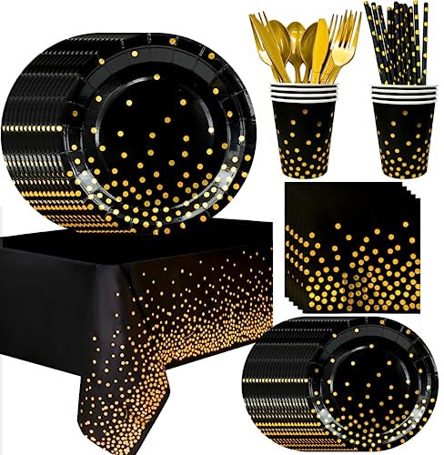 Vaisselle Anniversaire Noir et Or, 193 Pièces - Kit de Vaisselle de Fête avec Assiettes, Gobelets, Serviettes et Nappe Noir et Or pour Anniversaires et Mariages