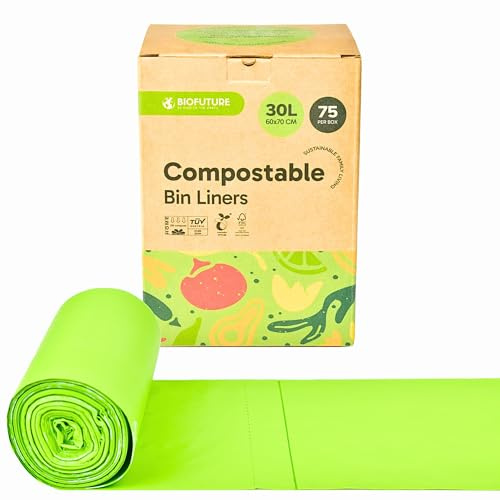 Biofuture 30L x 75 Compostable Food Waste Bags | Home Compostable & Council Approved | Fits 29-31L Kerbside Food & Compost Bins | EN13432 Certified