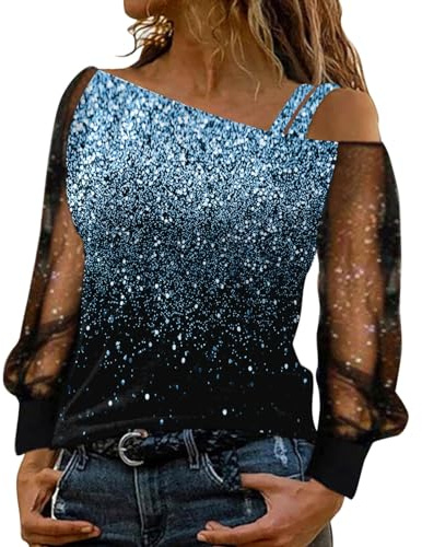 Générique T-Shirt Femme Chic Et élégant Pull Élégant Sexy Brillantes Paillettes Haut Épaules Dénudées Imprimé Blouse Loose Mode Mesh Transparent Hauts Cadeau Noel Fashionable