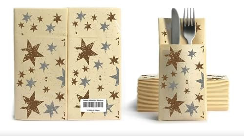 AROBA 50 x Airlaid Cutlery Napkins (Champagne with Stars, 39 x 40 cm) - Napkin Pockets - Ready-Folded Cutlery Pockets - Winter Motif - Advent - New Year's Eve - Christmas
