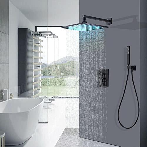Shower Head Ducha de manoJuego Combinado de Ducha de Lluvia de Bronce Negro, de Cabezal de Ducha LED, válvula mezcladora montada en la Pared, 10 Pulgadas (con LED) Shower