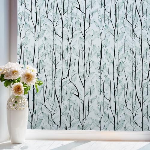 dktie Window Privacy Film Static Cling Window Film No-Glue Frosted Window Film Plants Window Stickers, for Home, Bathroom, Kids Room, Bedroom (More Vivid & Frosted, 44.5x200cm)