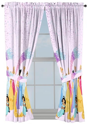 Sunny Side Up Disney Princess Curtains for Girls Bedroom, 4-Piece Drape Set with 2 Tiebacks, Soft Microfiber, Rod Pocket, Light Filtering, 42 W x 63 L, Pink (Pack of 2)