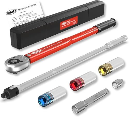 FAMEX 10914 - Juego de llaves dinamométricas de 1/2 (12,5 mm, 30-210 Nm, para cambio de neumáticos, incluye 3 llaves de vaso y llave articulada de 60 cm, 630 Nm, alargador, juego de cambio de ruedas)