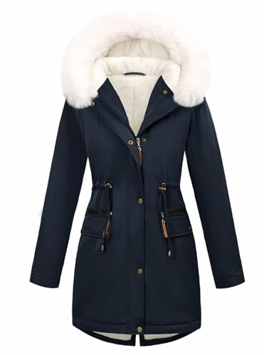 Tuopuda Manteau Femme Hiver Chaud Doudoune Long Parka Manteau Doublé de Polaire Capuchon d'hiver Blouson avec Fermeture éclair Veste Manteaux Epaissé(Bleu marine,L)