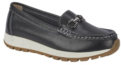 Jo & Joe Ladies Casual Slip-On Smooth Leather Comfort Sporty Wedge Loafer with Chain Trim Sizes 4-8 (Black, UK Footwear Size System, Adult, Women, Numeric, Medium, 6)