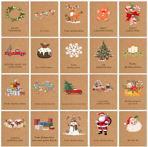 Cartes de Noël avec Enveloppe Set, 20 pièces A6 Cartes Rabattables Kraftpapier Carte de Noël, Drôle Petites Cartes Postales pour Vos Salutations