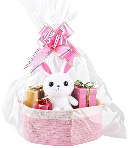 HhBdy Gift Basket, Hamper Baskets for Gifts Empty 30 × 12 cm Hamper Basket Cotton Baskets for Gifts with Gift Bag and Ribbon for Baby Shower Wedding Birthday Storage Easter (Pink and White)