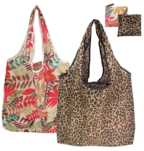 RANYAKE 2pezzi Borse per la Spesa Pieghevoli,Borse per la Spesa Impermeabili,Grande Borsa Riutilizzabile,Borsas Della Spesas Capiente con Manici e Tracolla,(Stampa Leopardata,Stampa Foglie)