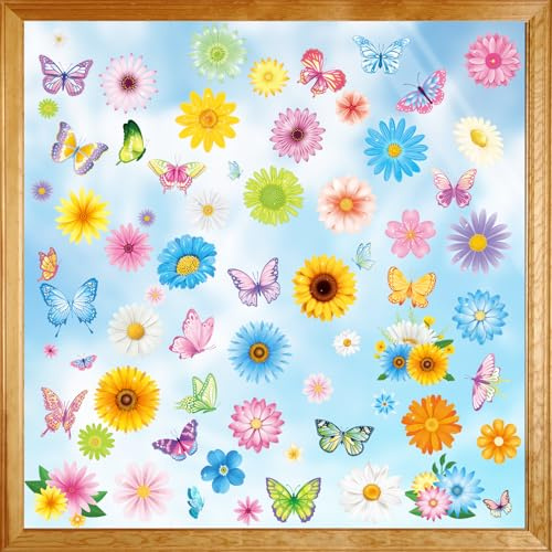 DPKOW 9pcs Pegatinas de Primavera para Ventana con Diseño de Mariposas y Flores Decoración de Pascua para Ventana Hogar, Electrostáticas, Reutilizables, Impresión a Doble Cara