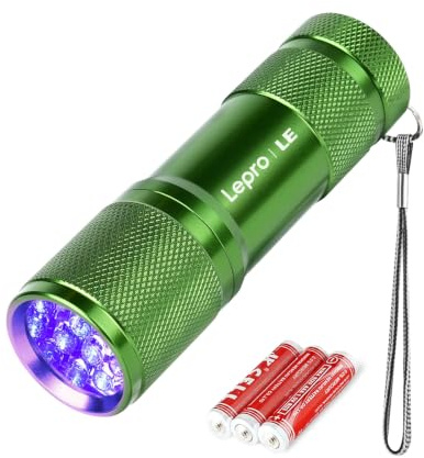 Lepro Linterna Ultravioleta 395nm con 9 LED, 3 AAA Pilas Incluidas, Verde | Linterna UV Multifuncional con 9 LED para Detectar Manchas de Orina y de Mascota, Escorpiones, Verificación de Billetes