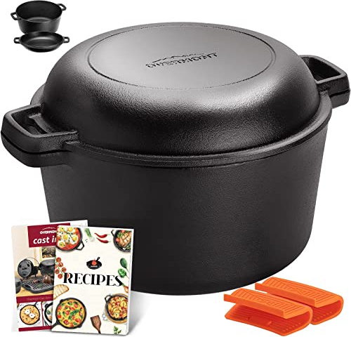 Overmont Forno olandese 2 in 1 in ghisa, pre-stagionato, casseruola all-in-one con coperchio per padella, libro di cucina e coperchi per manici in silicone, pentola resistente per forno, per pane